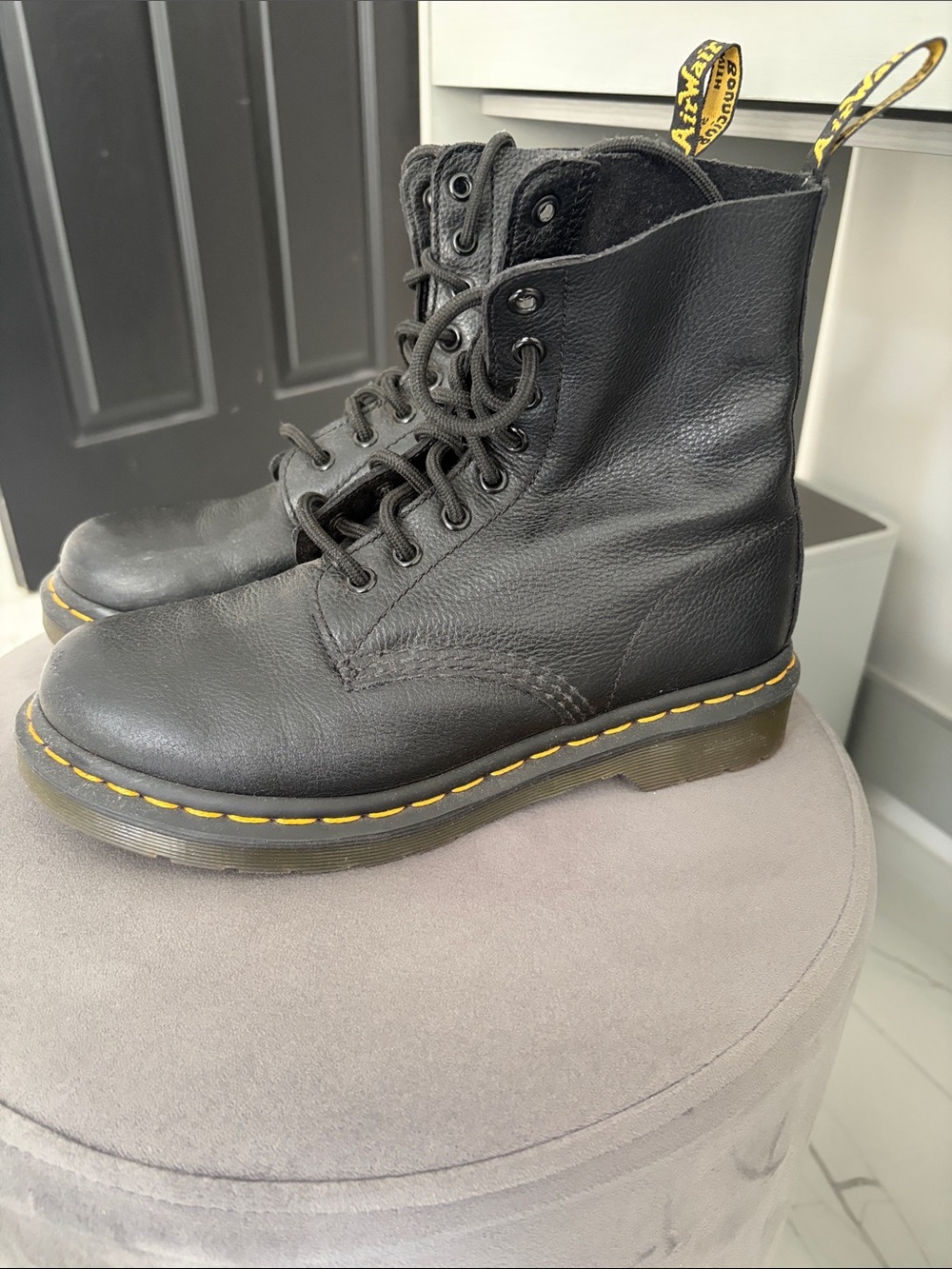 Dr. Martens Black Leather 8-Eye Lace-Up Boots with Yellow Stitching